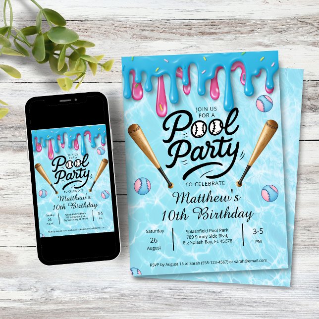 Invitation Fête au bord de la piscine avec thème baseball pou (Baseball Drip Pool Party Birthday Invitation)