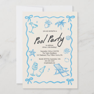 Invitation Fête au bord de la piscine avec une esthétique fan