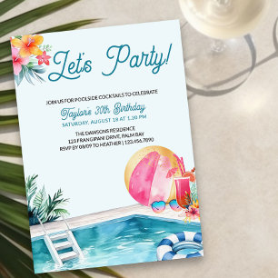 Invitation Fête au bord de la piscine Cocktails d'été Anniver