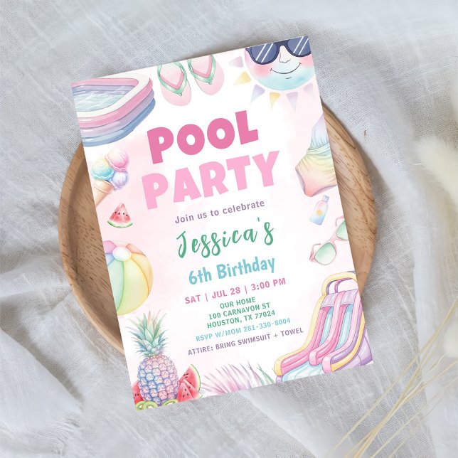 Invitation Fête au bord de la piscine - Fête d'anniversaire d (Créateur téléchargé)