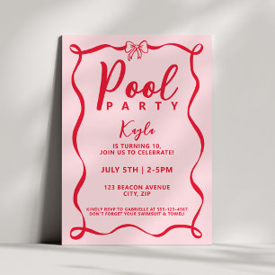 Invitation Fête au bord de la piscine Fille Rouge Ruban Coque