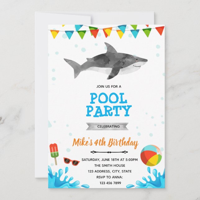 Invitation fête au bord de la piscine plage aux requins (Devant)