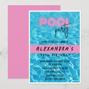 Invitation Fête au bord de la piscine rose d'été pour un 98e