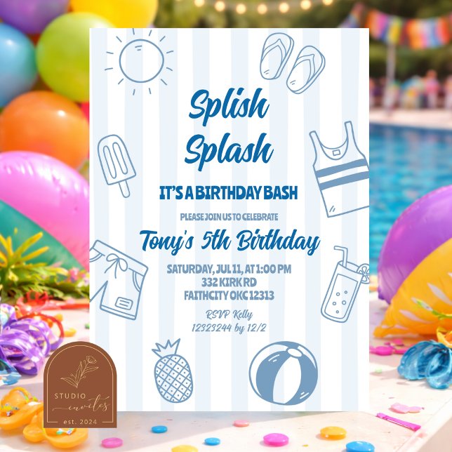 Invitation Fête au bord de la piscine Splish Splash dessinée  (Créateur téléchargé)
