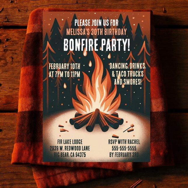 Invitation Fête au feu de bois chaleureux en forêt (Warm Woodland Bonfire Party Invitation
)