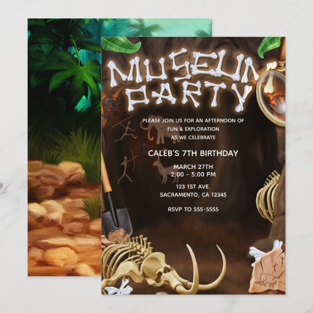 Invitation FÊTE AU MUSÉE Mystère des os de dinosaures Grotte  (Devant / Derrière)