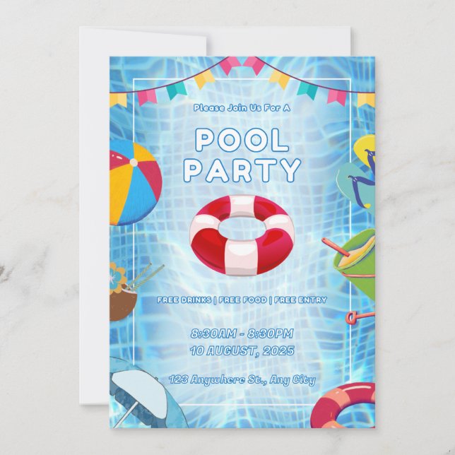 Invitation Fête au Piscine Gras Rouge et Bleu (Devant)