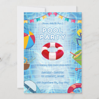 Invitation Fête au Piscine Gras Rouge et Bleu