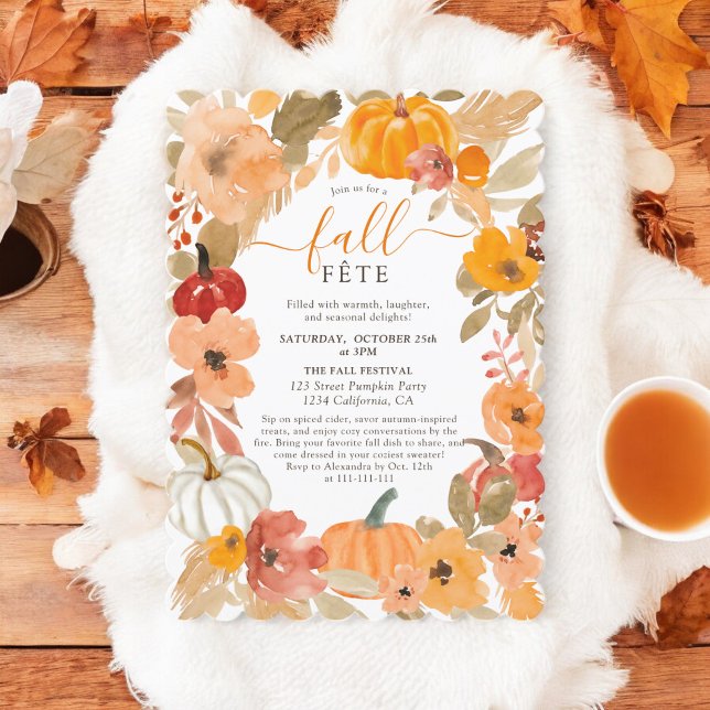 Invitation Fête Automnale Fleurie de Citrouille à l'Aquarelle (Cozy Autumn Watercolor Pumpkin Floral Fall Fête Invitation)