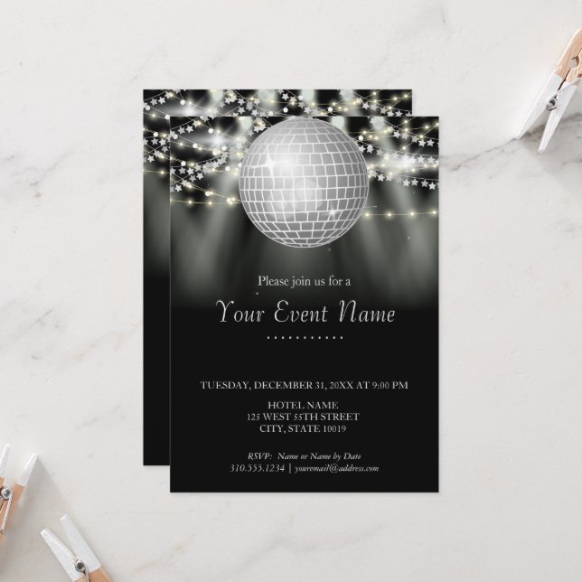 Invitation Fête aux étoiles scintillantes noires et blanches  (Devant/Arrière en situation)