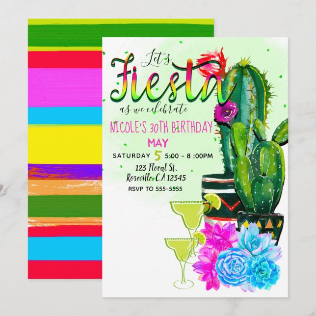 Invitation Fête aux rayures vives Cactus et succulentes (Devant / Derrière)