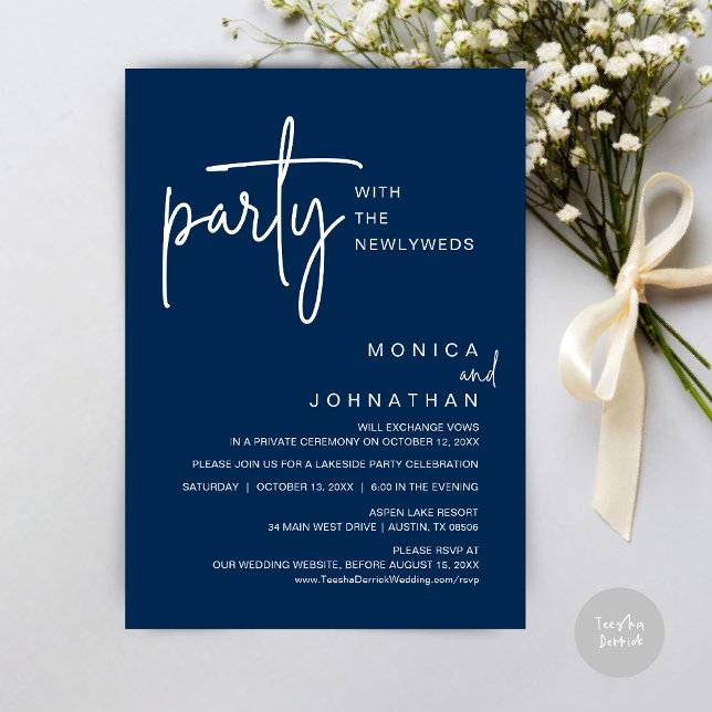 Invitation Fête Avec Les Nouveaux Mariés, Dîner Mariage (Party with the newlyweds, Post wedding dinner celebration invitation card, PDF, in Navy Blue)