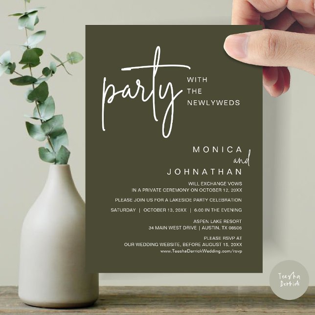 Invitation Fête Avec Les Nouveaux Mariés, Dîner Mariage (Party with the newlyweds, Post wedding dinner celebration invitation card, PDF, in Olive Green)