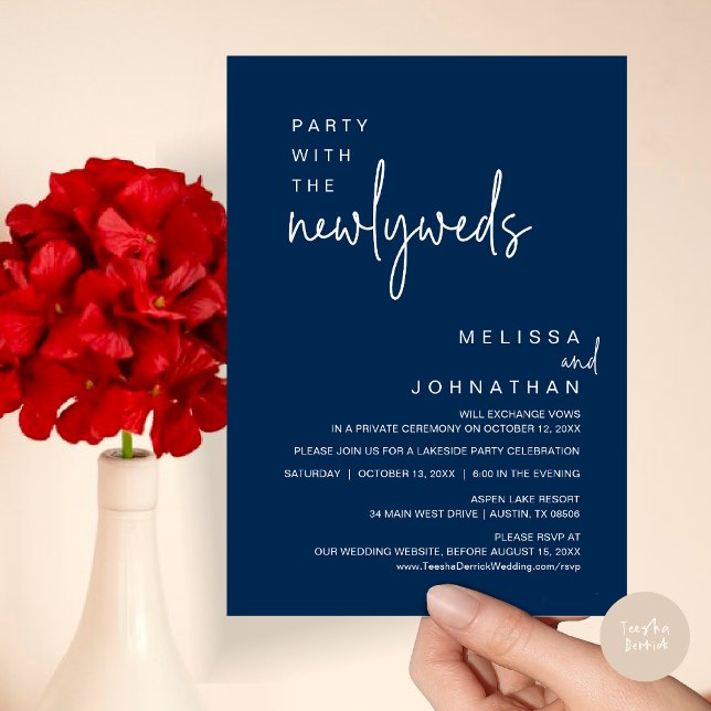 Invitation Fête Avec Les Nouveaux Mariés, Dîner Mariage (Party with the newlyweds, Post wedding dinner celebration invitation card, PDF, in Navy Blue)