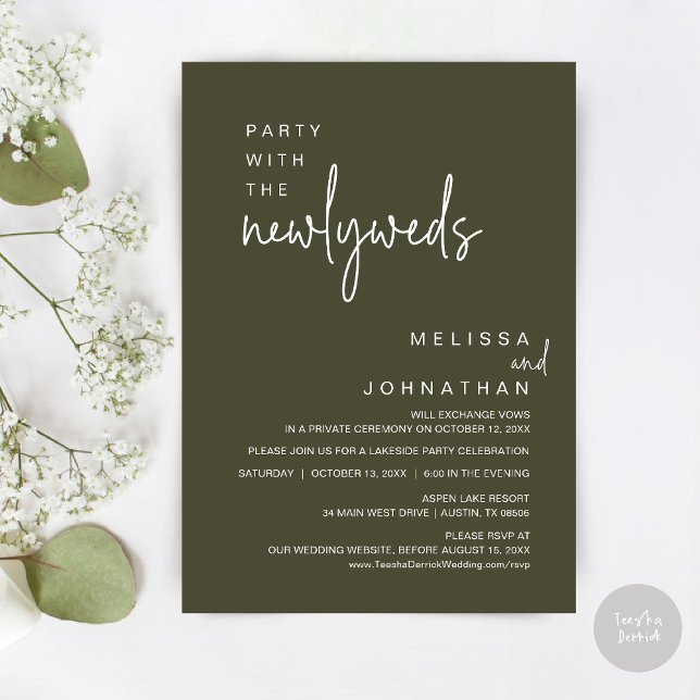 Invitation Fête Avec Les Nouveaux Mariés, Dîner Mariage (Party with the newlyweds, Post wedding dinner celebration invitation card, PDF, in Olive Green)