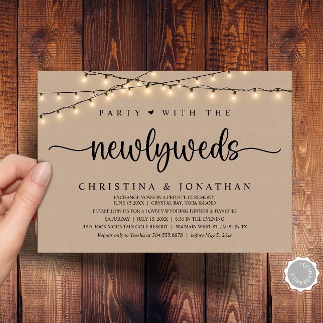Invitation Fête Avec Les Nouveaux Mariés, Dîner Rustique Mari (Party With The Newlyweds, Rustic Wedding Dinner Invitation Card, PDF, String Lights Brown Kraft)
