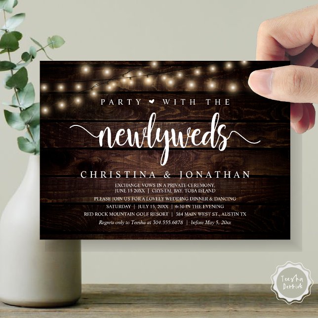 Invitation Fête Avec Les Nouveaux Mariés, Dîner Rustique Mari (Party With The Newlyweds, Rustic Wedding Dinner Invitation card, pdf, in cottage dark wood)