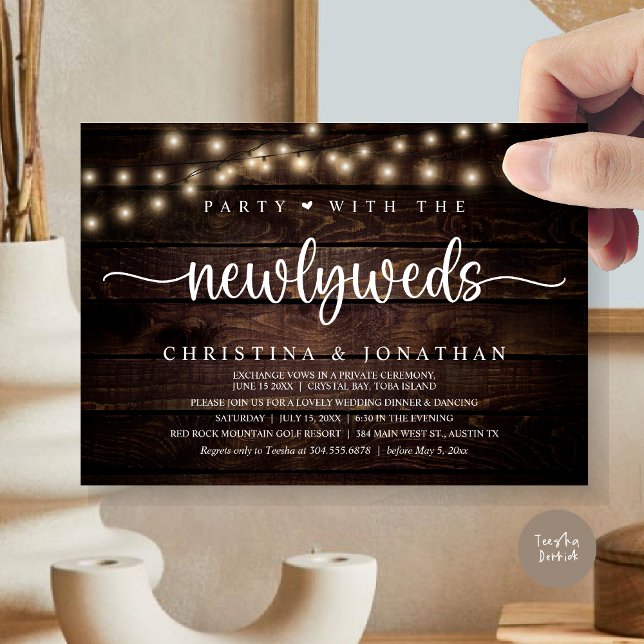 Invitation Fête Avec Les Nouveaux Mariés, Dîner Rustique Mari (Party With The Newlyweds, Rustic Wedding Dinner Invitation card, pdf, in cottage dark wood)
