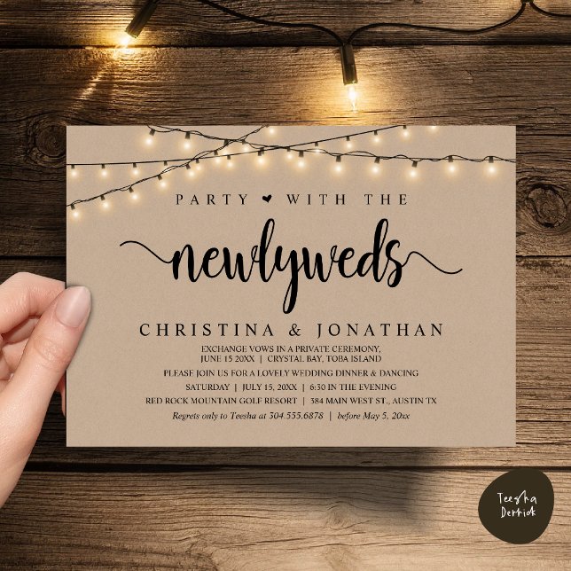 Invitation Fête Avec Les Nouveaux Mariés, Dîner Rustique Mari (Party With The Newlyweds, Rustic Wedding Dinner Invitation Card, PDF, String Lights Brown Kraft)