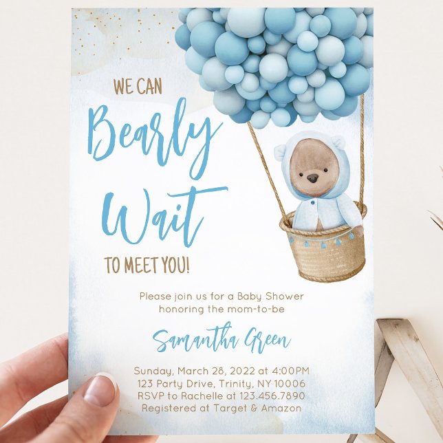 Invitation Fête Baby Shower Ballon Ours Bleu (Créateur téléchargé)