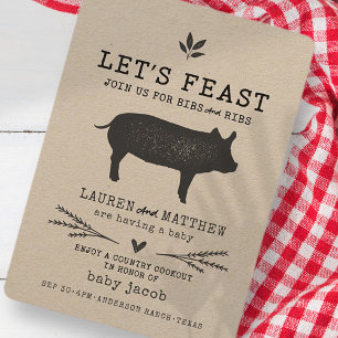Invitation Fête ! Baby shower barbecue rustique du pays moder