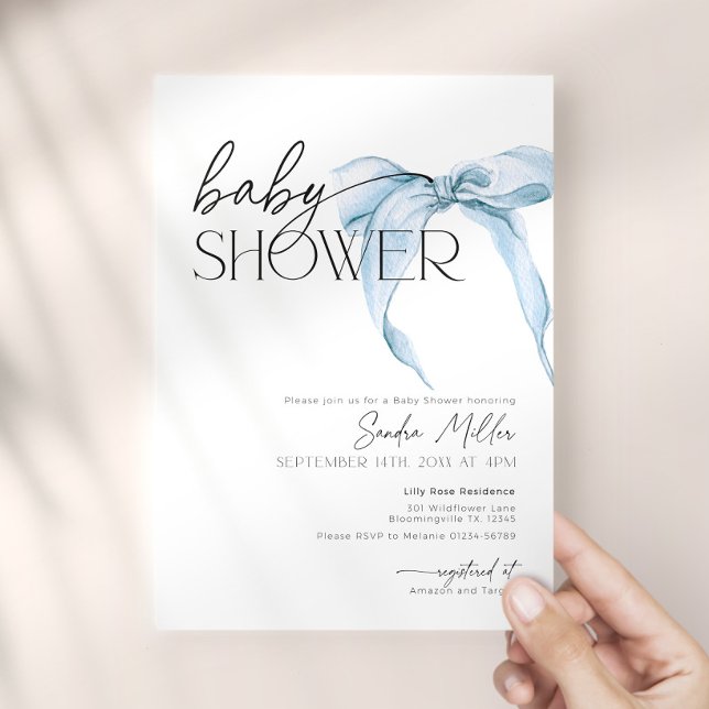 Invitation Fête Baby Shower Blue Bow Dusty Coquette (Créateur téléchargé)
