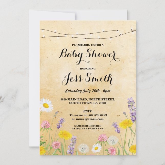 Invitation Fête baby shower Fleurs sauvages rustiques mignonn (Devant)