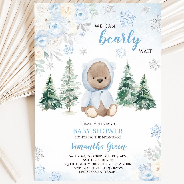 Invitation Fête Baby Shower Ours Bleu Hiver (Créateur téléchargé)