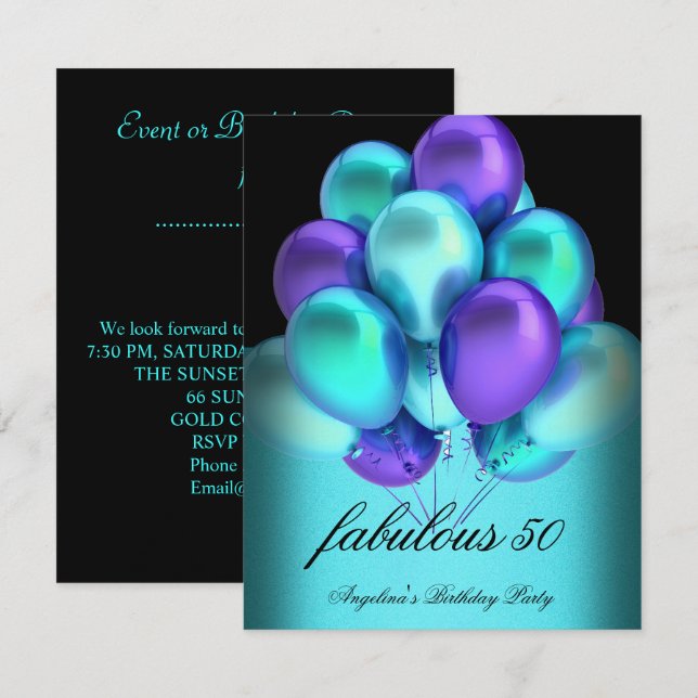 Invitation Fête Ballons Noir Incroyable Violet Turquoise (Devant / Derrière)