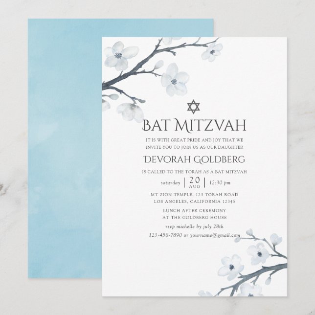 Invitation Fête Bat Mitsva Fleurs de Cerisier (Devant / Derrière)