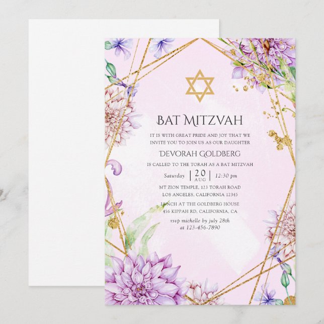 Invitation Fête Bat Mitzvah florale géométrique violette et o (Devant / Derrière)
