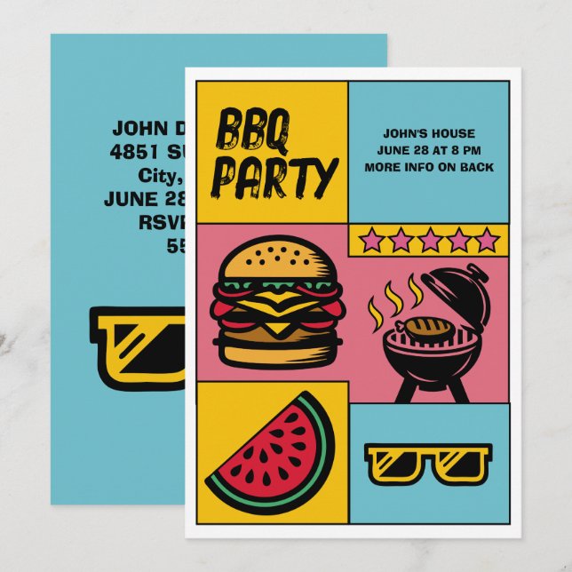 Invitation Fête BBQ sur mesure Grill d'été Cuisine Pop Art (Devant / Derrière)