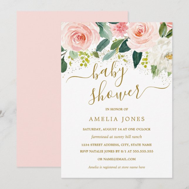 Invitation Fête bébé à l'aquarelle rose avec paillettes dorée (Devant / Derrière)