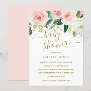 Invitation Fête bébé à l'aquarelle rose avec paillettes dorée