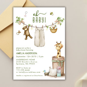 Invitation Fête bébé animaux de la jungle bohème sur une cord