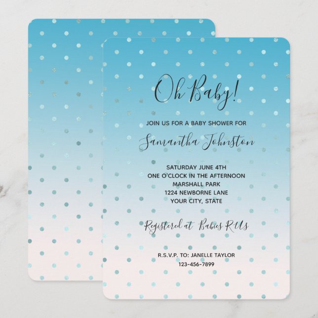 Invitation Fête bébé Aqua Glam Dots Ombre (Devant / Derrière)