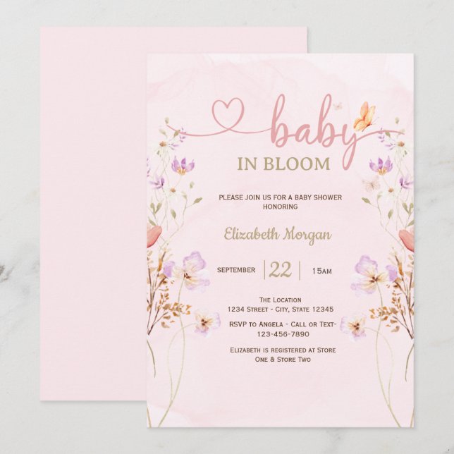 Invitation Fête Bébé Aquarelle Papillon Fleurs de Lilas (Devant / Derrière)