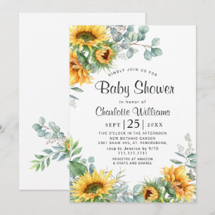 Invitation Fête bébé aquarelle tournesols eucalyptus