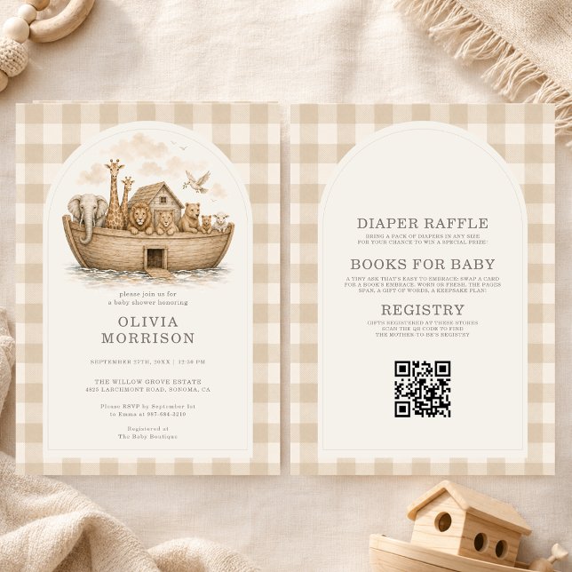 Invitation Fête bébé Arc de Noé Gingham Neutre Tout en Un (Créateur téléchargé)