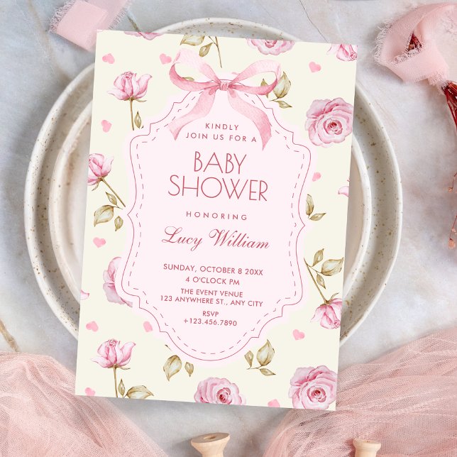 Invitation Fête bébé arc ruban motif roses roses (Créateur téléchargé)