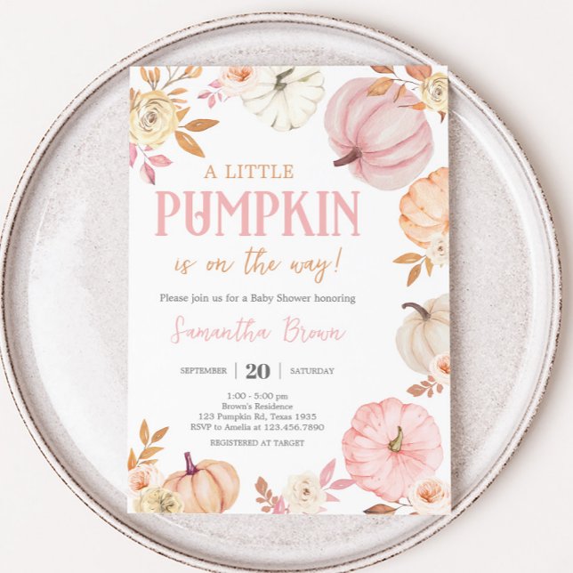 Invitation Fête bébé automne Citrouille Rose (Girl Little Pumpkin Fall Baby Shower Invitation)