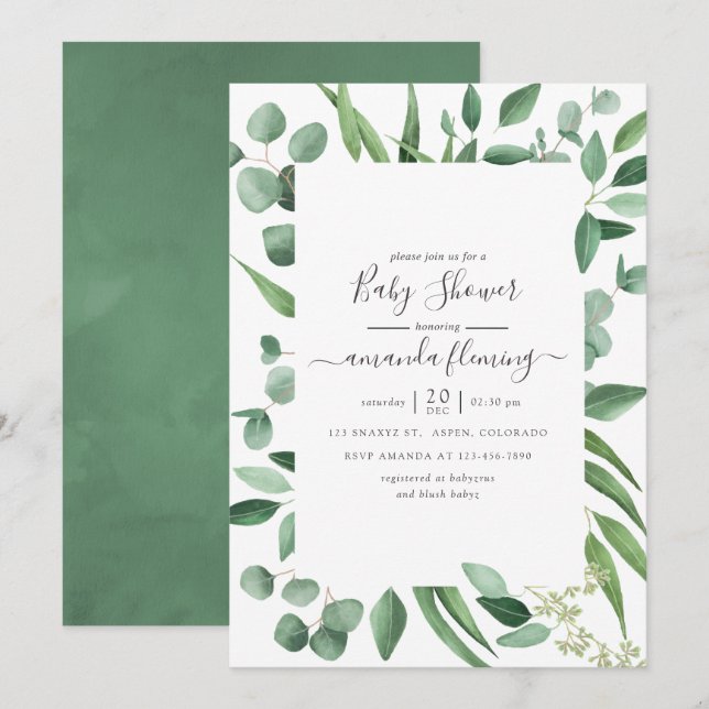 Invitation Fête bébé avec verdure d'eucalyptus (Devant / Derrière)