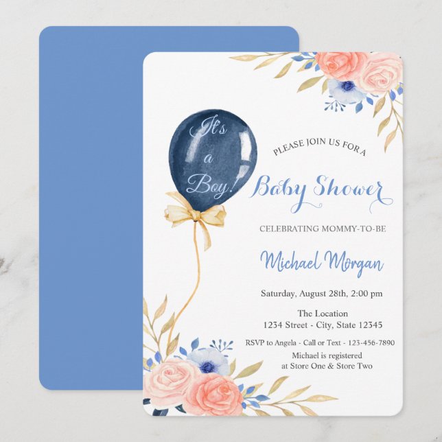 Invitation Fête bébé ballon bleu Fleurs Baby Shower (Devant / Derrière)