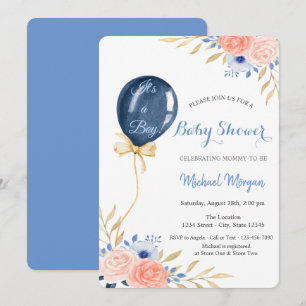 Invitation Fête bébé ballon bleu Fleurs Baby Shower