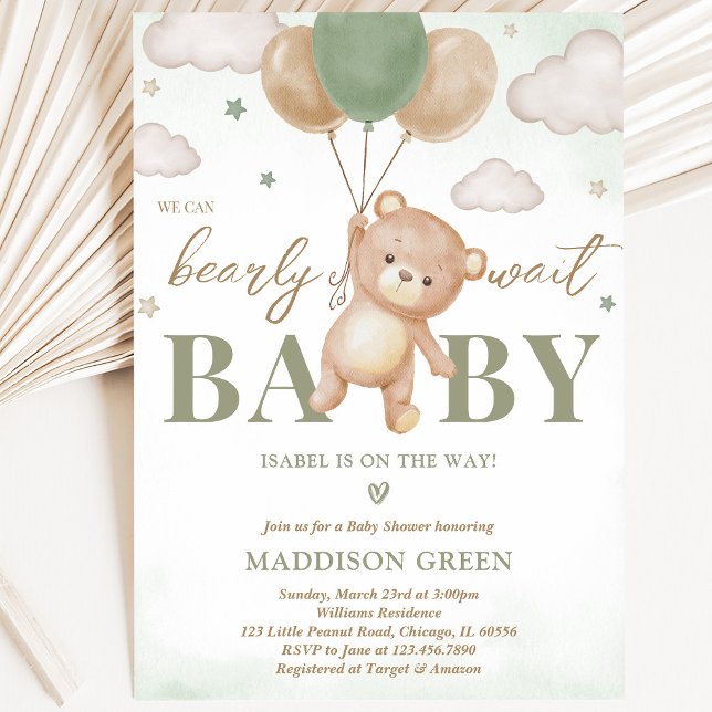 Invitation Fête bébé ballon ours vert (Créateur téléchargé)