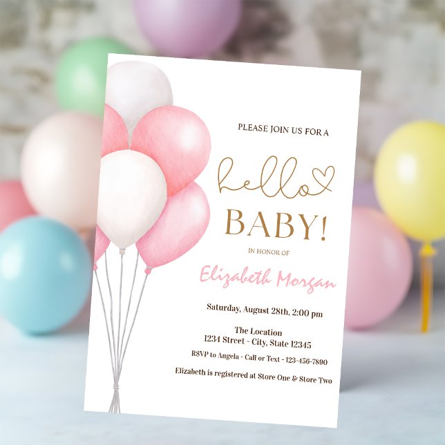 Invitation Fête bébé Ballons roses Aquarelle  (Créateur téléchargé)