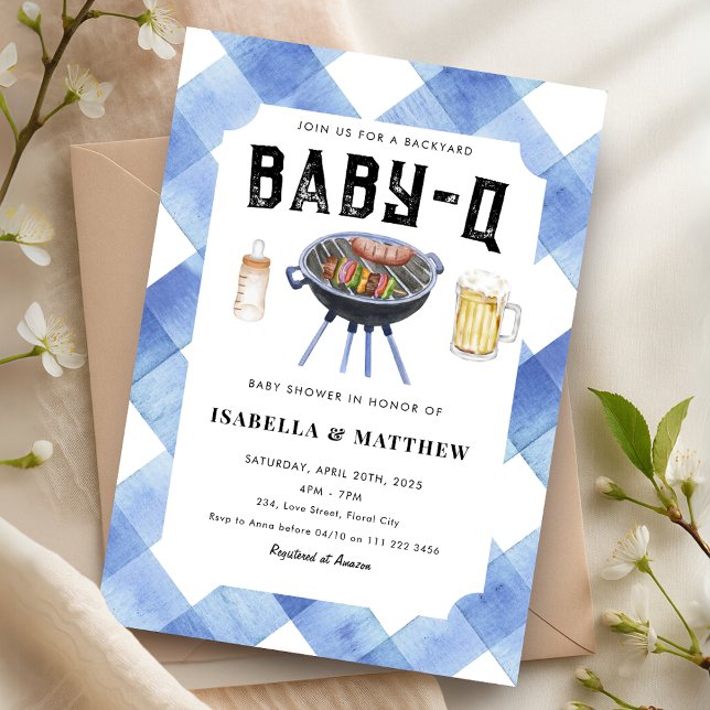 Invitation Fête bébé BBQ Gingham Bleu Baby-Q (BBQ Baby Shower Blue Gingham Baby Q Invitation)