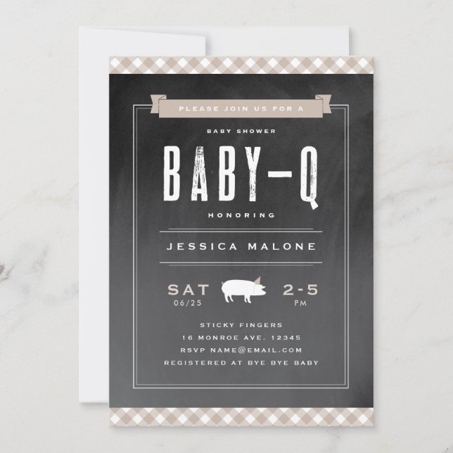 Invitation Fête bébé BBQ Gingham Neutre Kaki (Devant)