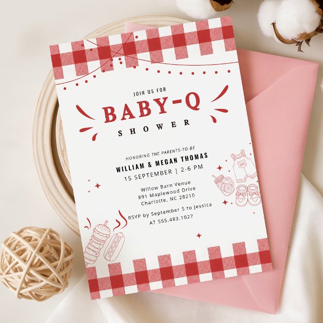 Invitation Fête bébé BBQ Gingham Rouge Rustique Baby Q (Créateur téléchargé)