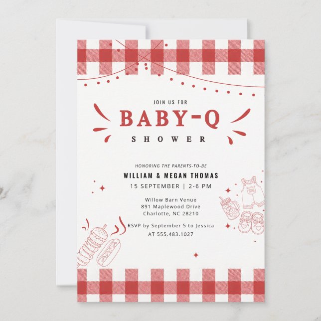 Invitation Fête bébé BBQ Gingham Rouge Rustique Baby Q (Devant)